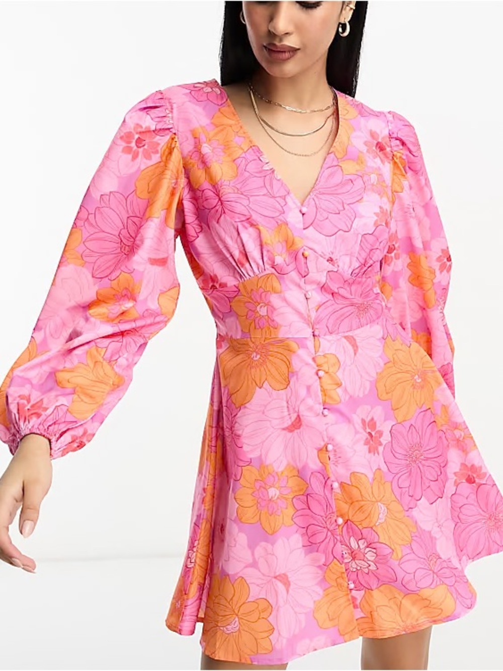 NWT In The Style Orange & Pink Floral Button Down Skater Dress Sz. 4 #2370